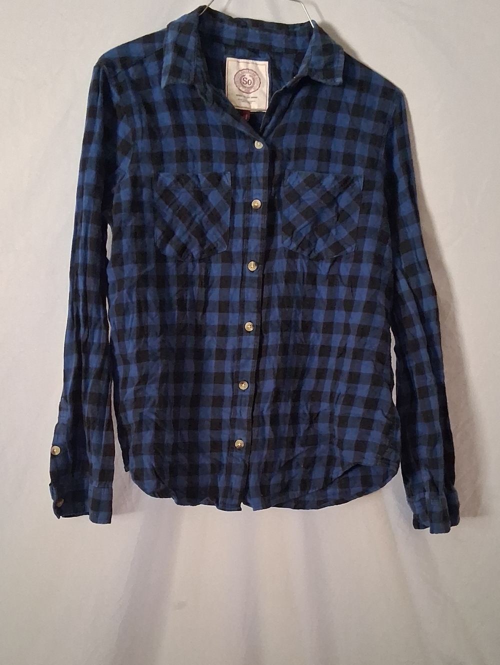 Women's Medium SO Brand Vintage Blue and Black Plaid Button-Down Long Sleeve $22